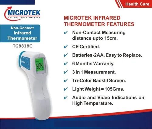 Microtek White Plastic IR Thermometer, For Schools, Hospital, Companies, Temples, Feature : Contactless