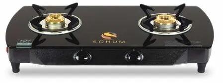 Two Burner PNG Glass Gas Stove, Color : Black