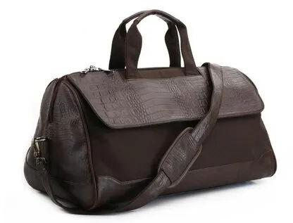 Brown Leather Duffle Bag, Pattern : Plain