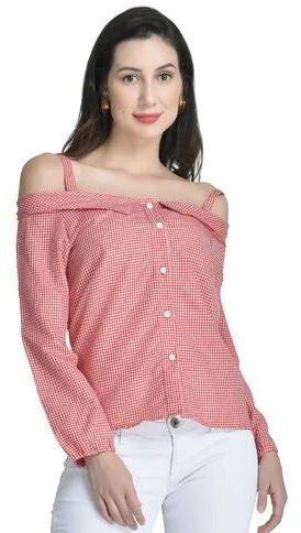 Red Check Fall Collar Shirt, Size : XS, M, XL