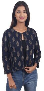 Secret Bazaar Women's Rayon Gold Leaf Print Short Quilted Blue Jacket