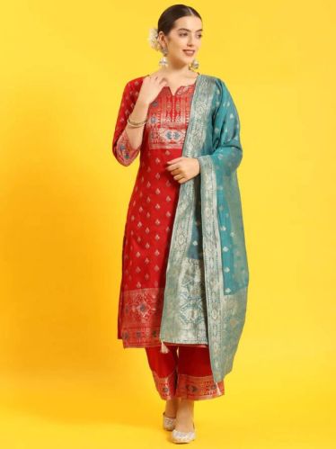 Women Red Printed Kurta Comfort Pant Dupatta