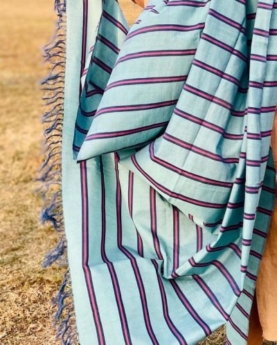 Striped Blue & Pink Mercerized Cotton Dupatta