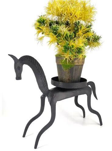 Wrought Iron Horse Pot Holder, Color : Black