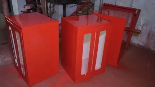 Rectangle Mild Steel Red Paint Fire Hose Box, Size : 750x600x250mm
