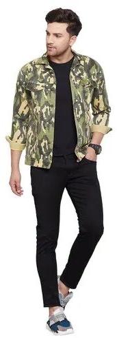 Printed Men Green Cotton Jacket, Closure Type : Button