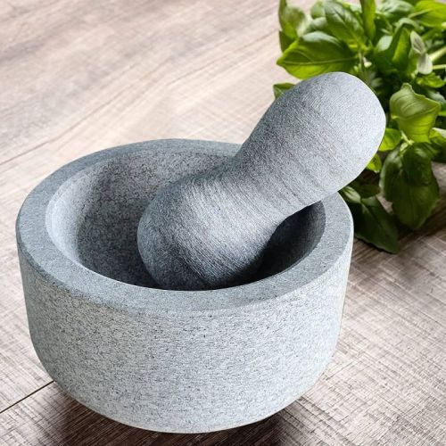 Grey Round Polished Stone Mortar & Pestle Set, For Kitchen, Size : Standard