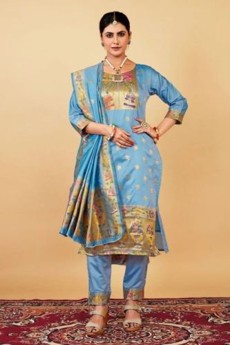 Ladies Banarasi Silk Paithani Suits, Color : Sky Blue