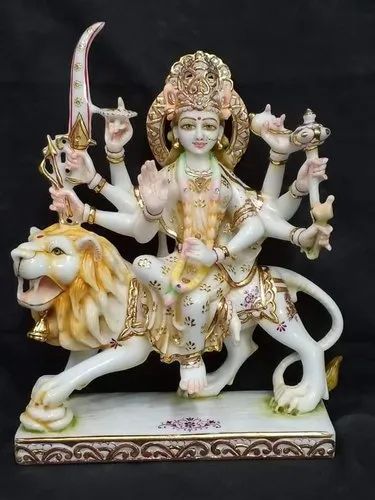 Multicolor Marble Durga Maa Statue, For Worship, Packaging Type : Thermocol Box