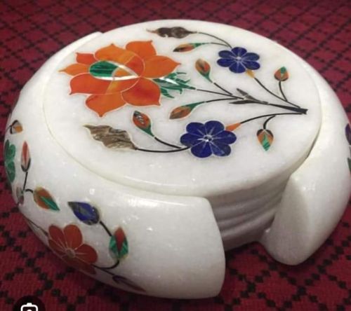 Rectangular Printed Polished Marble Inlay Coaster Set, For Hotel, Kitchen, Office