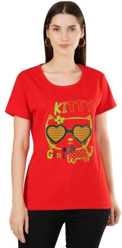 LORDLY Cotton WOMEN'S RED PRINTED T-SHIRT, Size : L, XL, XXL