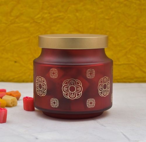 Printed Round Glass Jar With Golden Cap