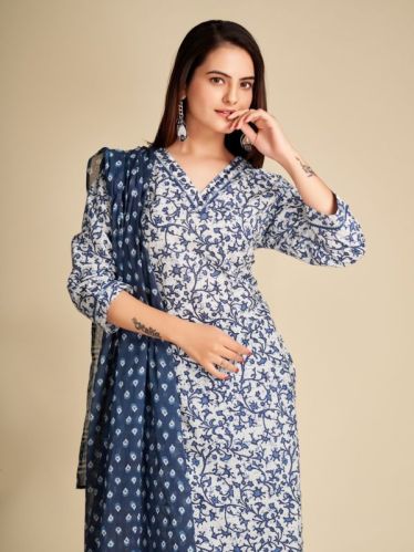 Jaipuri Blue Printed V Neck Cotton Kurti With Dupatta