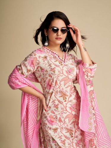 Jaipuri V Neck Pink Floral Printed Cotton Kurti
