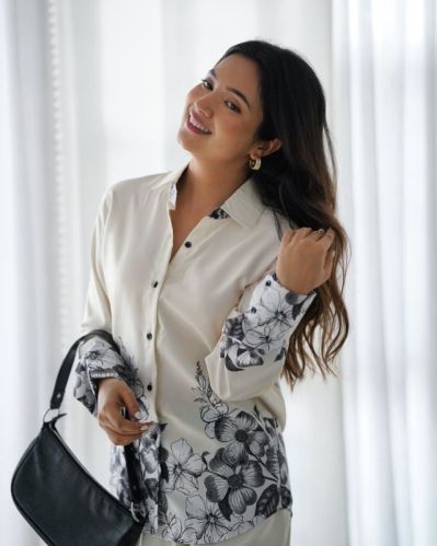 White Flower Printed Full Sleeves Dull Satin Co-Ord Set