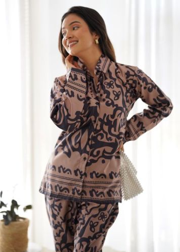 Light Brown Full Sleeves Casual Dull Satin Co-Ord Set