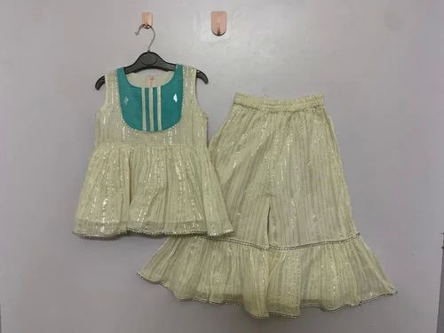 Casual Wear Off White Kids Sharara Set, Pattern : Plain