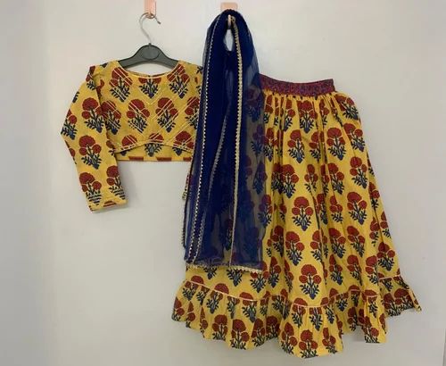 Yellow Printed Full Sleeves Kids Ghagra Choli