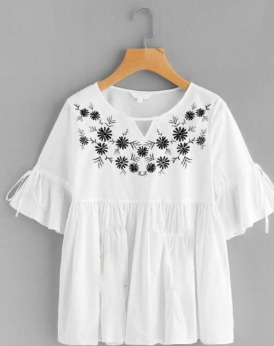 White Half Sleeve Cotton Ladies Embroidered Top, Feature : Stitched, Easy Washable, Breathable