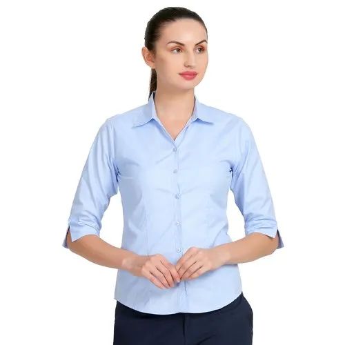 Sky Blue Plain Cotton Ladies Formal Shirt, Feature : Impeccable Finish, Easily Washable, Comfortable