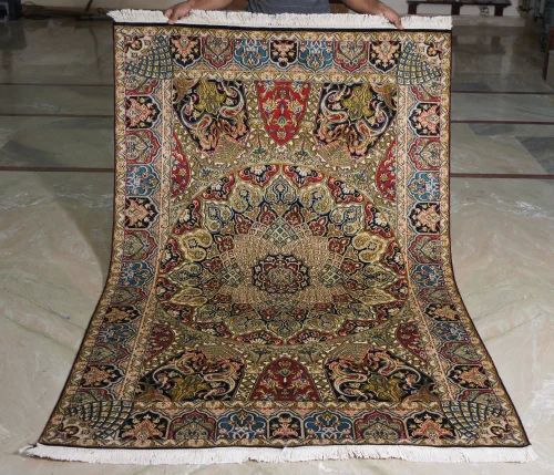 Rectangular Wool Hand Knotted Silk Carpet, For Home, Hotel, Indoor Decoration, Color : Multcolor