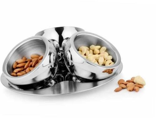 Silver Stainless Steel Candy Bowl With Tray, For Hotel, Homes, Restaurant, Shape : Round