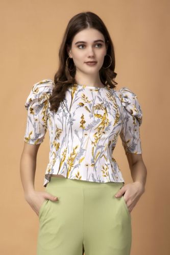 Meeami Fashion Crepe Ladies Printed Leaf Top, Size : M, Xl, Xs