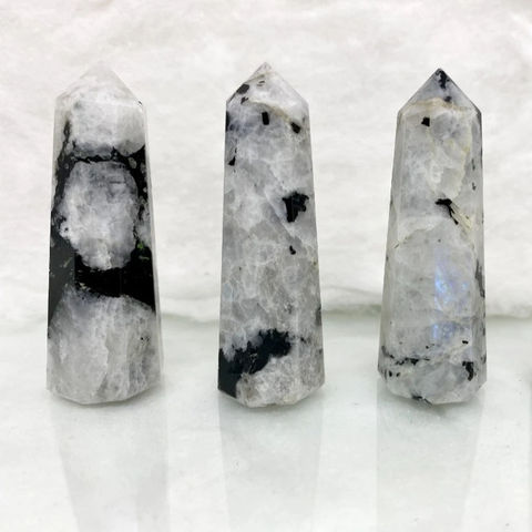 White Nad Black Pencil Polished Gemstone Rainbow Moonstone Tower Point, For Decoration Healing, Size : Free