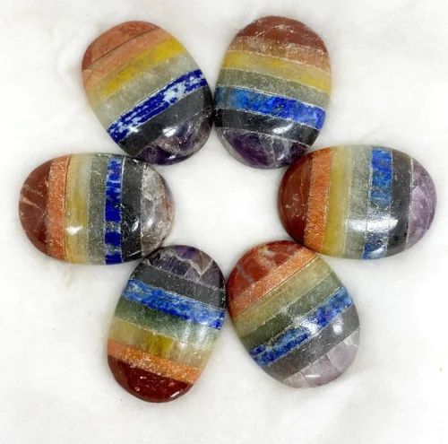Multicolour Gemstone Seven Chakra Palm Stone, For Decoration Healing, Shape : Oval