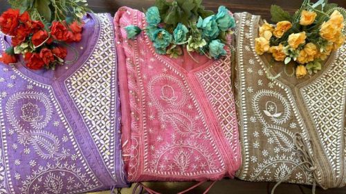 Party Wear Mul Chanderi Silk Angrakha Suits, Pattern : Embroidered