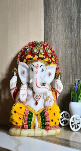 Multicolor Marble Mukut Ganesh Ji Statue, For Interior Decor, Packaging Type : Thermocol Box