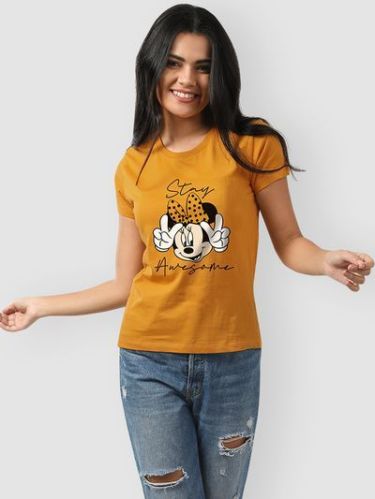 Yellow Half Sleeves Cotton Ladies Printed T-shirt, Packaging Type : Plastic Packet