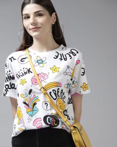 Half Sleeve Ladies White Printed T-Shirt, Packaging Type : Polybag