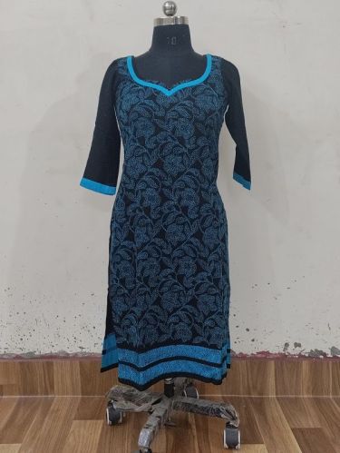 Black Blue Cotton Embroidered Kurti, Style : Straight