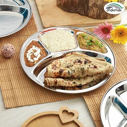 Round 4 Compartment Stainless Steel Plate, For Serving Food, Color : Silver