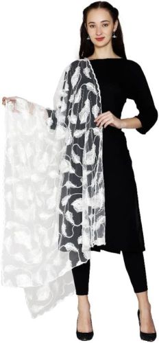 White Embroidered Nylon Dupatta, Size : Standard, Occasion : Party Wear