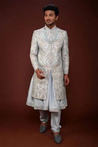 TIMELESS BLUE FLORAL WORK ANARKALI SHERWANI, Size : Medium, Large