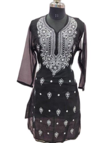 Georgette Black Lucknowi Chikan Kurti, Size : S, M, XL