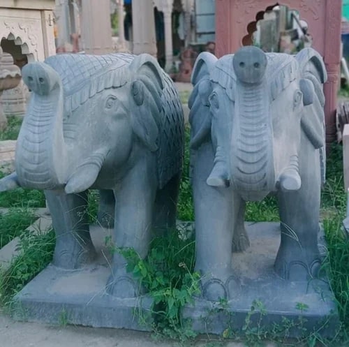 Polished 200 Kg Carved Sandstone Grey Elephant Statue, For Decoration, Style Type : Contemporary