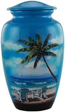 Round Beach Palm Tree Aluminium Cremation Urn, For Store Human Ashes, Dimension : 7 X 7 X 10 Inches