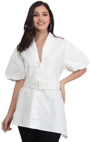 Casual Half Puff Sleeves Solid Women White Top