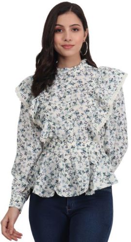 Casual Sleeves Printed Women Blue Print Top