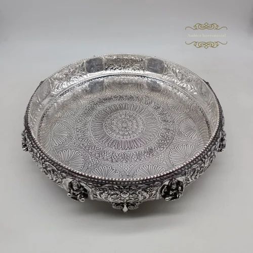 Round Silver Ashta Laxmi Plate, For Worship, Size : 12inch