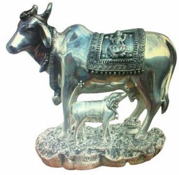Silver Kamdhenu Cow and Calf Statue, For Worship, Packaging Type : Wooden Box