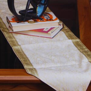 White Golden Self Embroidered Table Runner, Size : 12.5x74inch