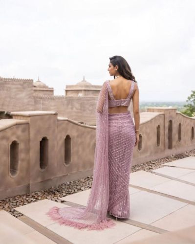 Onion Color Soft Net Sequence Work Saree
