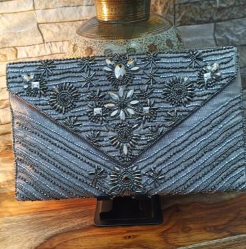 Leather Grey Beaded Clutch Purse, Shape : Rectangular