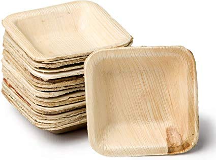 4 Inch Square Areca Leaf Plate, For Serving Food, Color : Light Brown