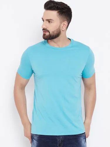 Mens Cotton Round Neck Sky Blue T Shirt