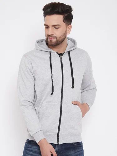 Mens Fleece Grey Plain Zipper Hoodies, Size : XL